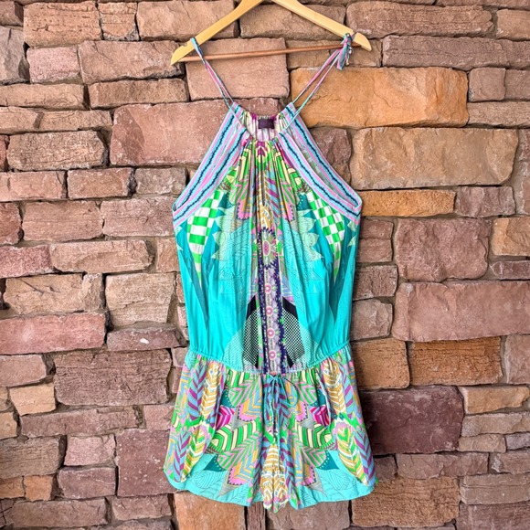 Hale Bob Pants - Hale Bob M Women Teal Green Geometric Floral Halter Romper Boho Summer Vacation